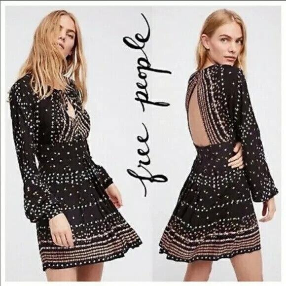 NWT Free People Coryn Long Sleeve Black Dot Mini Dress Size 8 - Picture 1 of 14